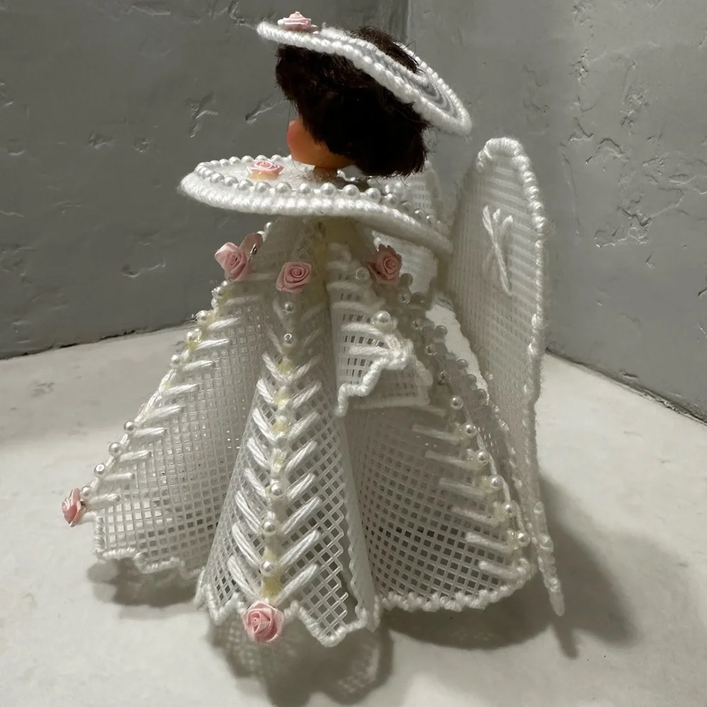 Vintage Handmade Canvas Yarn Angel Christmas Tree Pearl Pink Roses 1970s